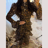 Elegant Floral Women's Cake Dress Bell-Bottomed Sleeve Stand Collar Waist-Closed Lady Dresses 2026 Spring Summer Female Robe