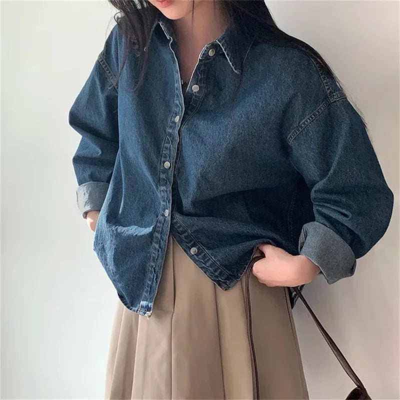 Korean Loose Casual Women's Denim Shirt Vintage Outerwear Spring Fashion Blusas Tops Long Sleeve Thin Casual Coats Street