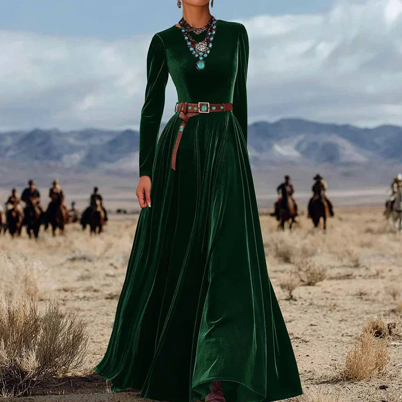 O Neck Solid Patchwork Chic Maxi Dress, Spring Autumn Women Casual Long Sleeve Party Dress, 2025 New Holiday Simple Ladies Dress