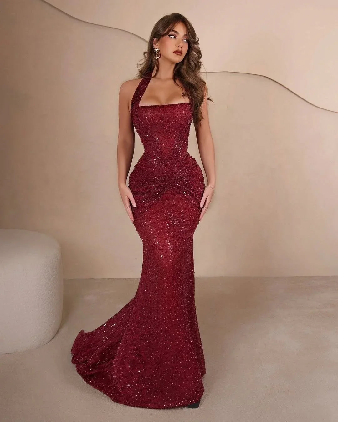 Elegant Sequin Halter Mermaid Gown Burgundy Waist Sleeveless Bodycon Floor Length Dress New Style Formal Party Maxi Outfits 2026