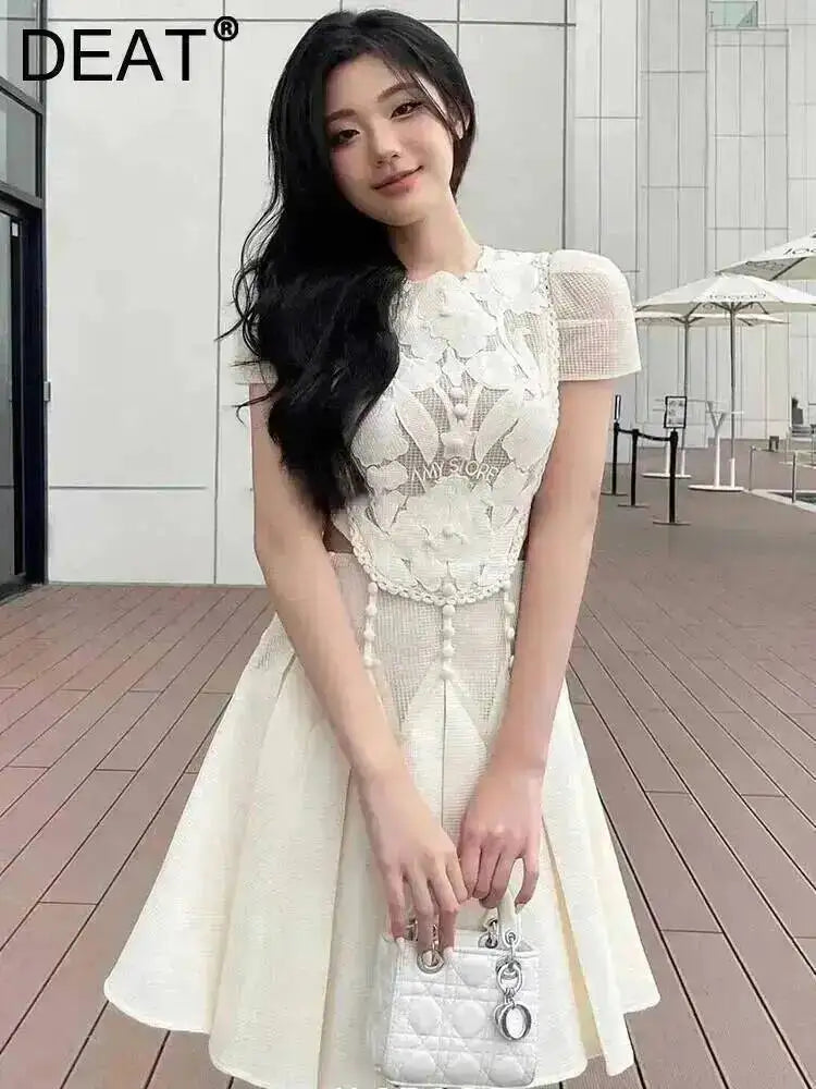 DEAT Elegant Dress Embossed Hollowed-out Short Sleeved Pleated A-line Women's Evening Party Dresses 2026 Summer New Tide 35Z4328