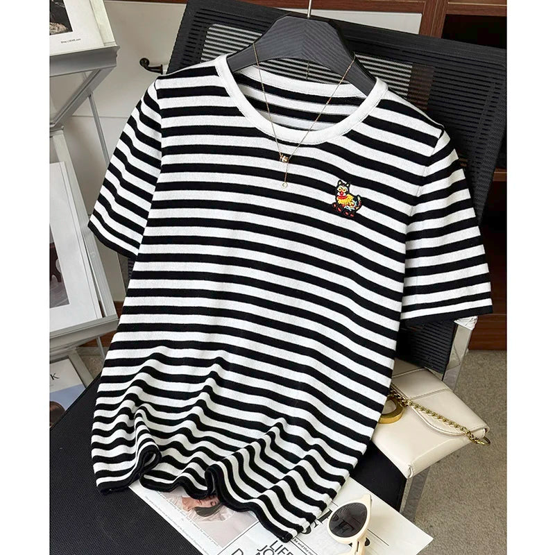 WinvyNee Summer Tops Women's Clothing 100% Cotton Sweaters O Neck Half Sleeve T-Shirt Striped Casual Knitted Pullovers ZA1102001