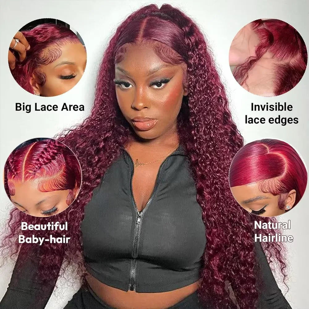 30 Inch Burgundy 99j Deep Wave Frontal Wig Colored Curly Human Hair Wigs 250% Density 13x4 13x6 HD Lace Frontal Human Hair Wigs