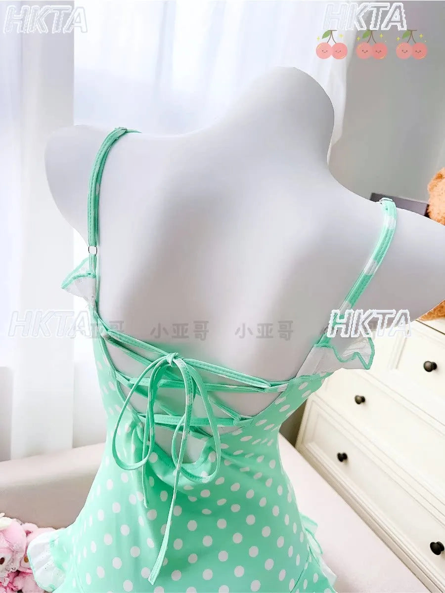 Cute Little Cherry One-piece Swimsuit Sweet Polka Dot Halter Strap Bow One-piece Vacation Hot Spring Bathing Suit Sexy Bikini