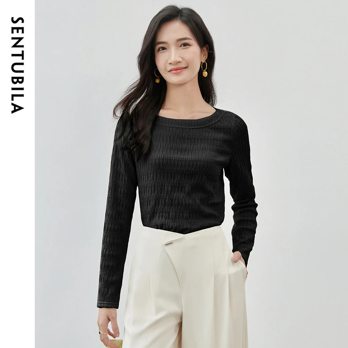 SENTUBILA Slash Neck T-shirt for Women's 2026 Spring Solid Casual Straight Knitted Long Sleeve Simple Tops Female 151T57497