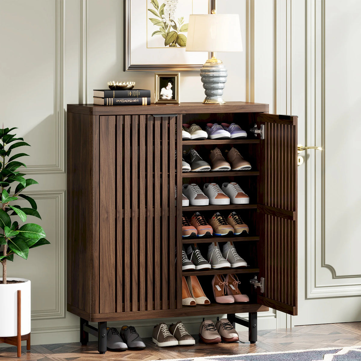 Tribesigns 6-Tier Shoe Cabinet with Louvered Doors, Large Wooden Shoe Storage Cabinet with Adjustable Shelves