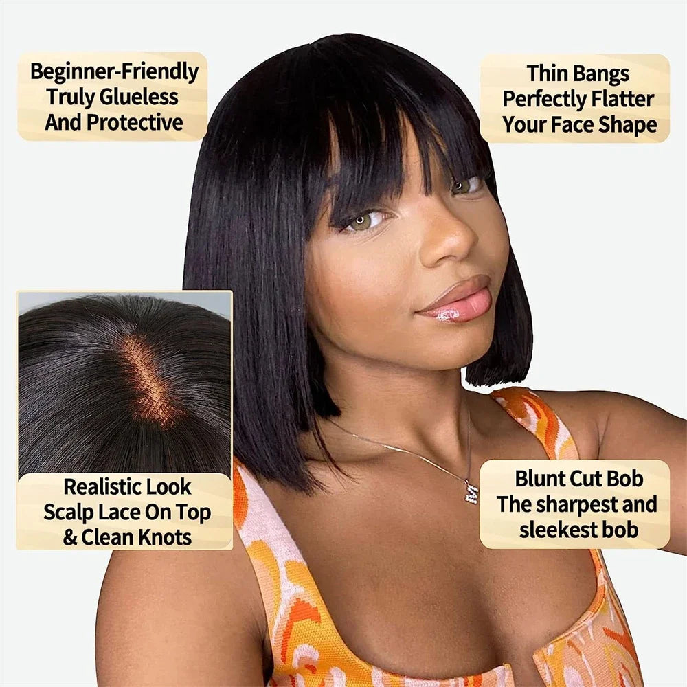 Straight Short Bob Human Hair Wigs With Bangs Fringe 3x1 Middle Part Lace Wigs Realistic Scalp Brazilian Remy Hair For Women