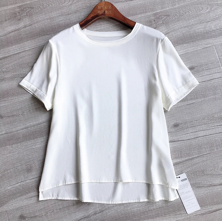 25MM Heavy plain crepe satin silk short-sleeved T-shirt 2021 summer new small loose 4XL solid color mulberry silk top shirt
