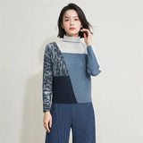 LANMREM Spring Autumn New Women's Pleated T-shirt High Collar Colorblock Long Sleeve Pullover Tops Simple Versatile Elastic Tee