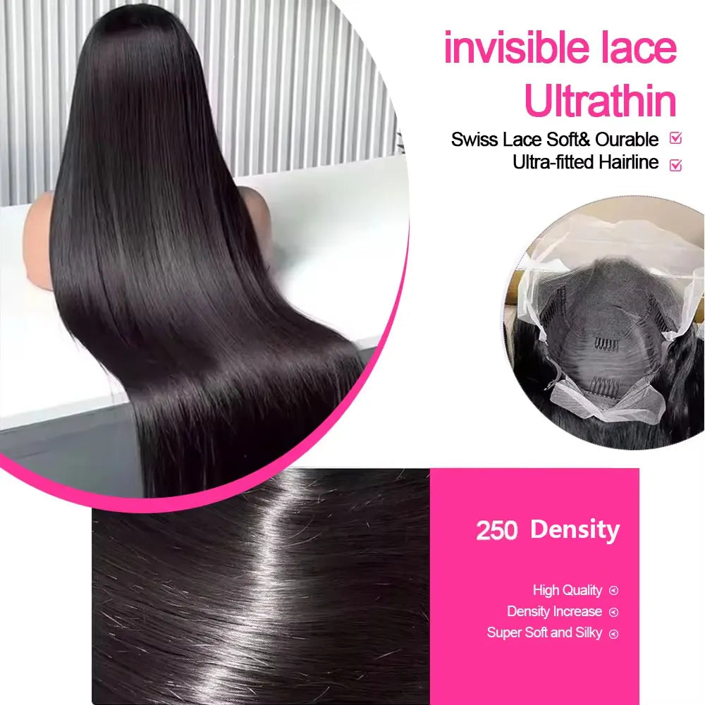 250 Density 13x4 13x6 HD Transparent Lace Frontal Wig Brazilian Wigs Human Hair 5x5 Gluess Wig Bone Straight Hair For Women