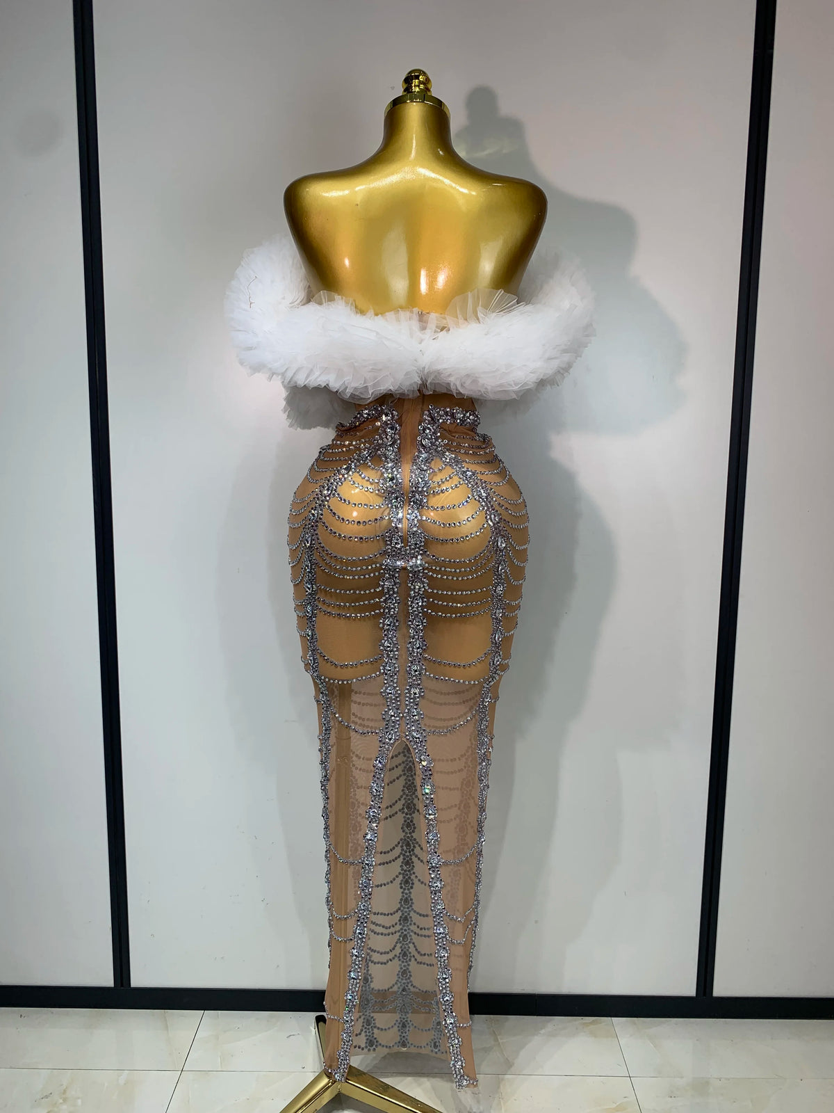 Women Sexy Strapless Rhinestone Bodycon Dress Luxury Birthday Party Costume Bar Nightclub Celebrity Stage Performance Outfit