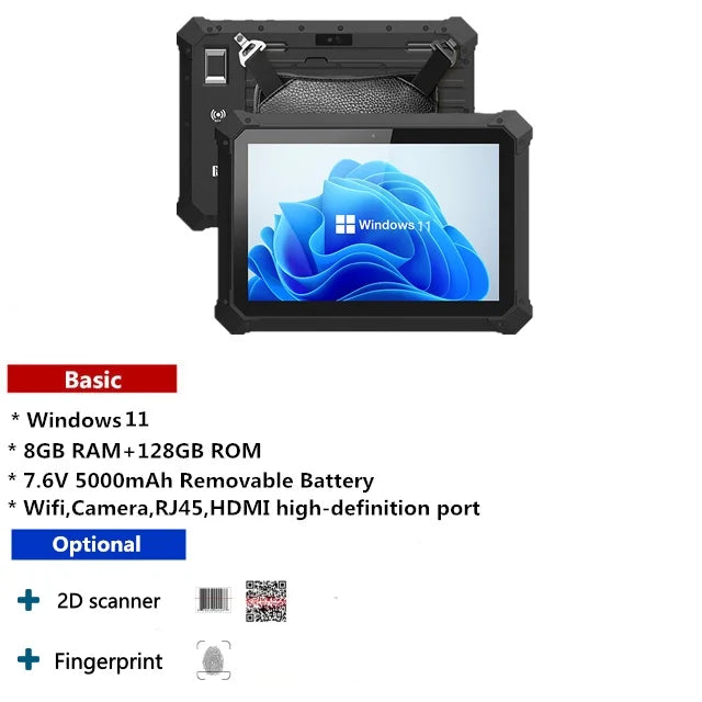 Industrial Tablet Windows 11 Wifi Bluetooth RJ45 HDMI 2D Scanner 5000mAh Large Battery Optional UHF Fingerprint Rugged Tablet
