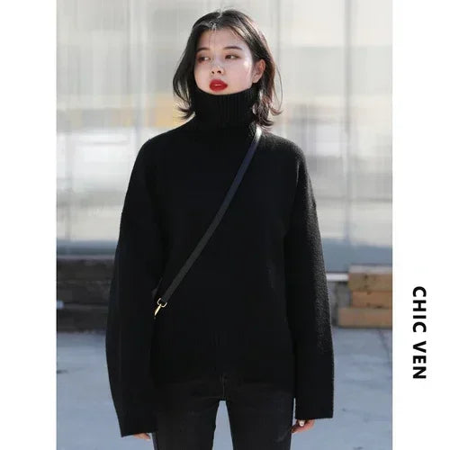 CHIC VEN Women's Sweater Autumn Winter New Turtleneck Knit Pullover Loose Clothes for Women Warm Solid Basic Female Tops 2026