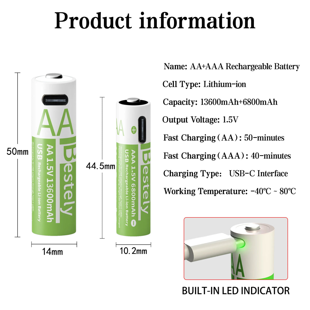 BaKKiter 1.5V AAA 6800mAh/ AA 13600mAh Rechargeable Lithium-ion Batteries Fast Charging Li-ion Battery 2000 Cycles /USB-C Cables