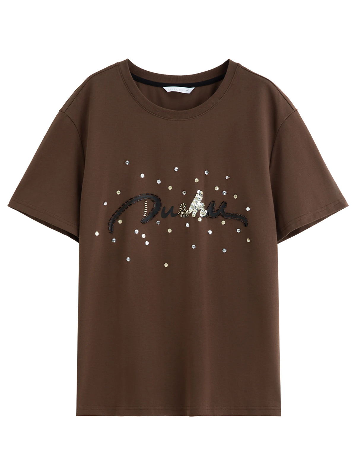 FSLE Summer 2025 Letter Print T-Shirt - Beaded Detail Round Neck Loose Fit Casual Top Women Fashion