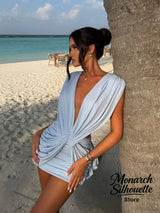 Chic Sleeveless Pleated Slim Mini Dress Women Sexy Solid Backless Hollow Out Round Collar Dresses Lady Evening Party Vestidos