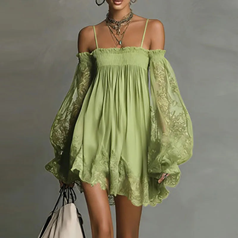 Boho Spring Off Shoulder Hollow Lace Dress Woman Elegant Puff Sleeve Ruffle Party Dresses Summer A-line Casual Holiday Mini Robe