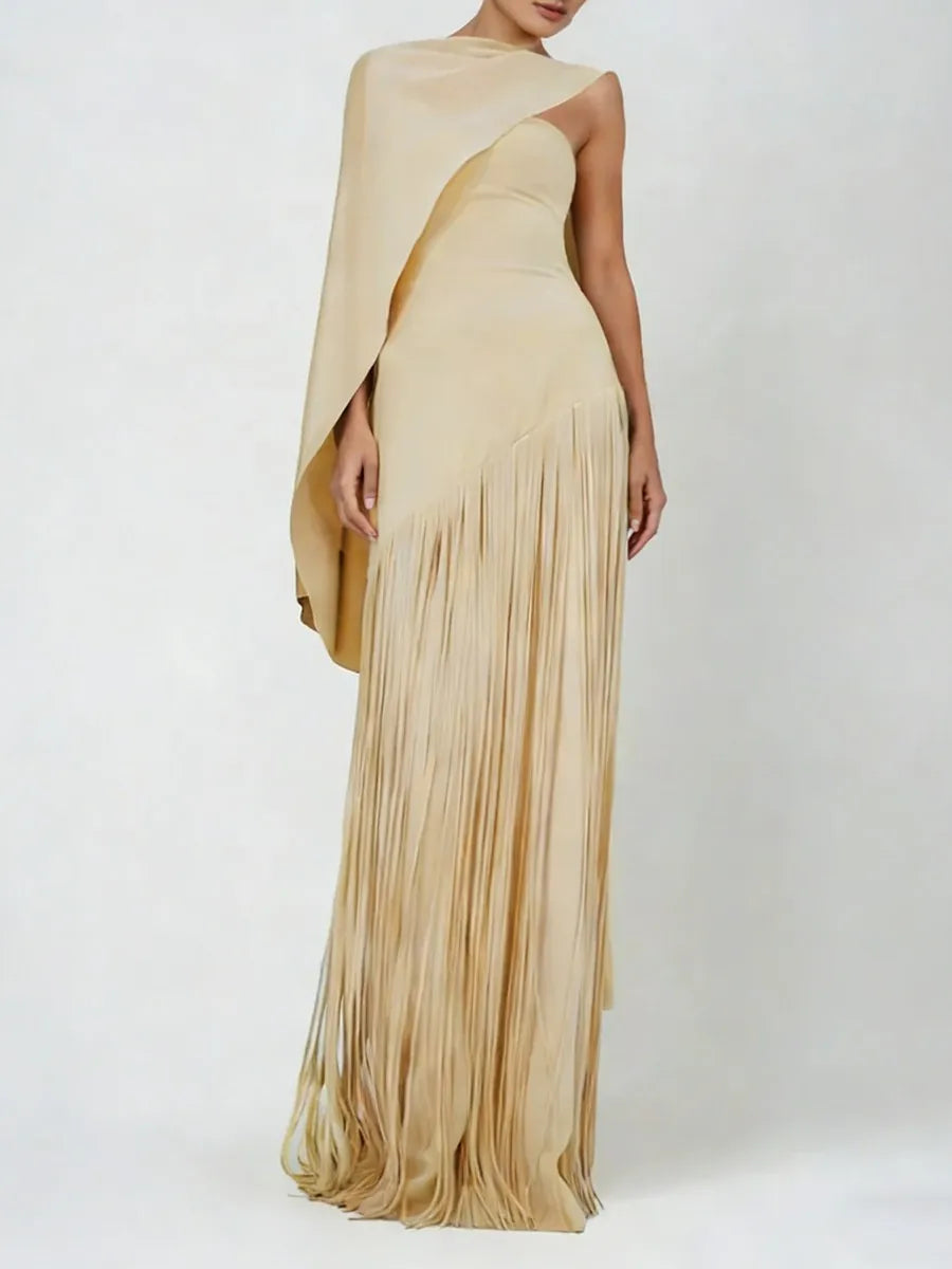 TWOTWINSTYLE Solid Spliced Tassels Temperament Dress for Women Strapless Sleeveless Patchwork Shawl Elegant Dresses Female New