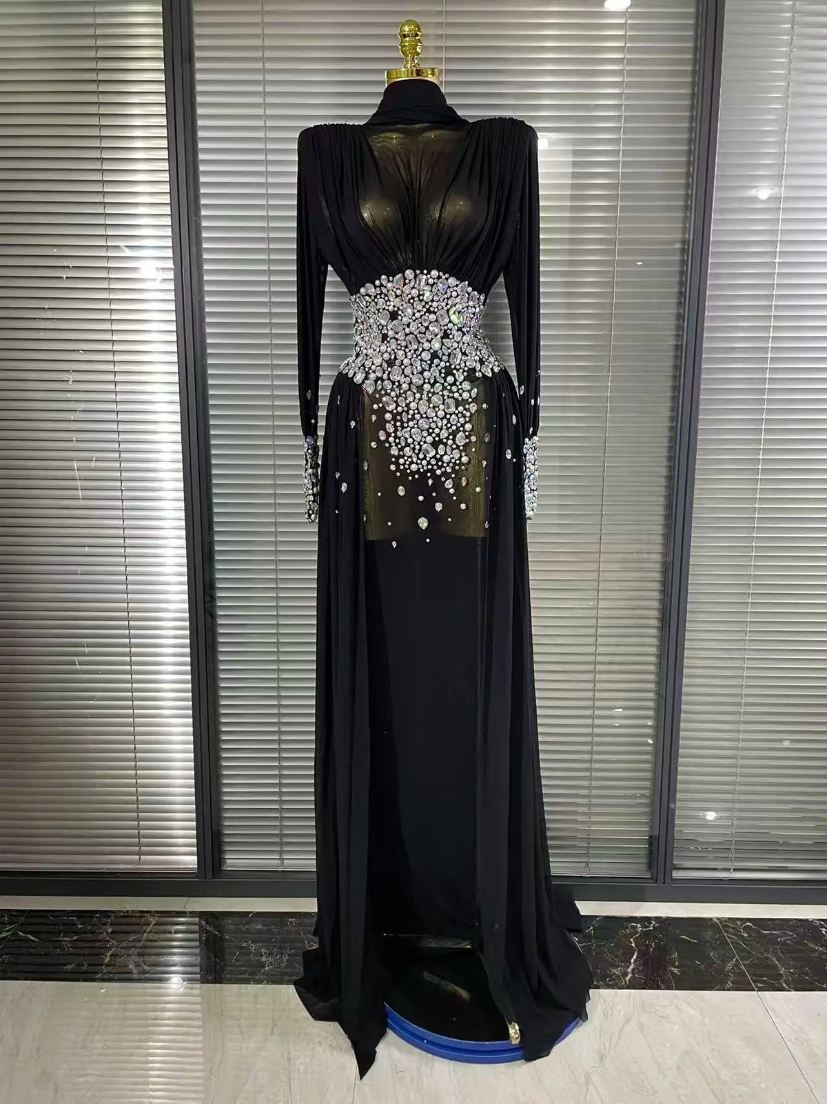 Elegant Rhinestones Long Dress for Women Sexy Mesh See Through Celebrate Evening Prom Birthday Dress Photo Shoot Wear