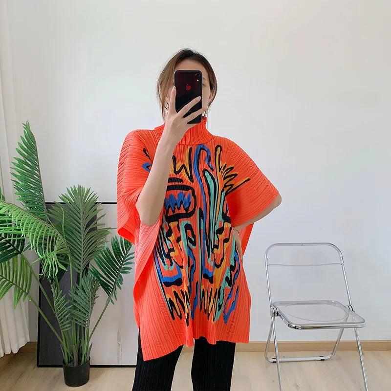 LANMREM Pleated Turtleneck Short Sleeves Women's Printing Long T-shirt Loose Casual Shawl Top Summer New Female Fashion 2DB8242
