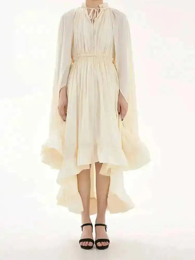 LGRQ Trendy Ruffles Irregular Dresses Women's Cloak Sleeves Spliced Lace Loose Pleat Dress Luxury Female Tide Summer New 19J4498