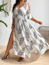 GIBSIE Plus Size Cold Shoulder V-Neck Sexy Printed Dress Women Casual Vacation Beach Big Swing Split Long Dresses 2025 Summer