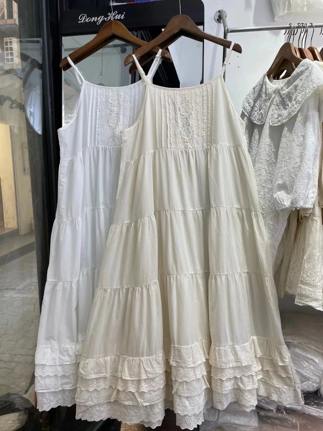 Japan Style Mori Girl Sweet Cotton Hollow Out Embroider White Dress Women Spaghetti Strap Robe White Beige Petticoat Dress