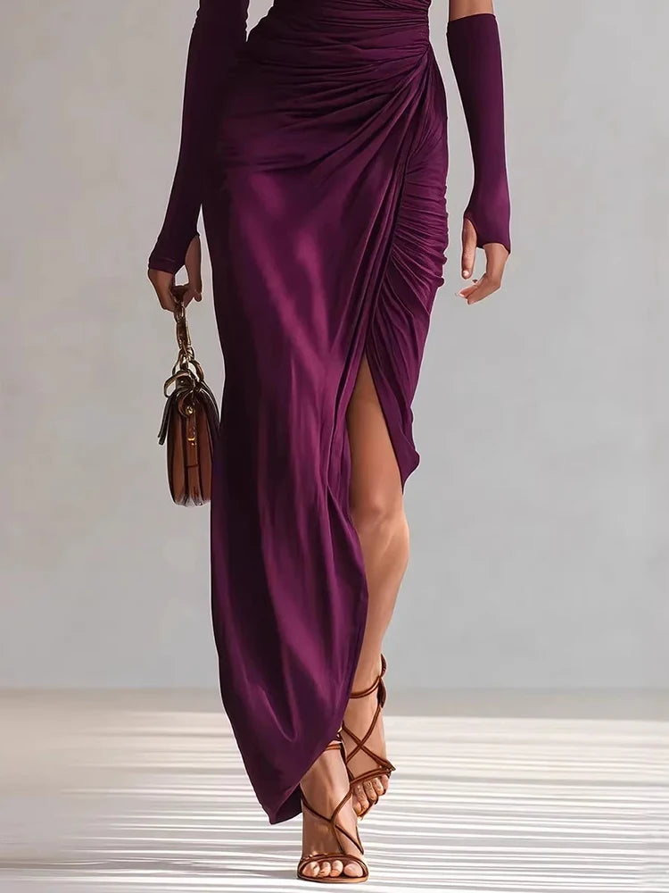 Spring Summer Skew Collar Solid Maxi Dress, Women Holiday Fashion One Shoulder Party Dress, 2026 Elegant Patchwork Ladies Dress