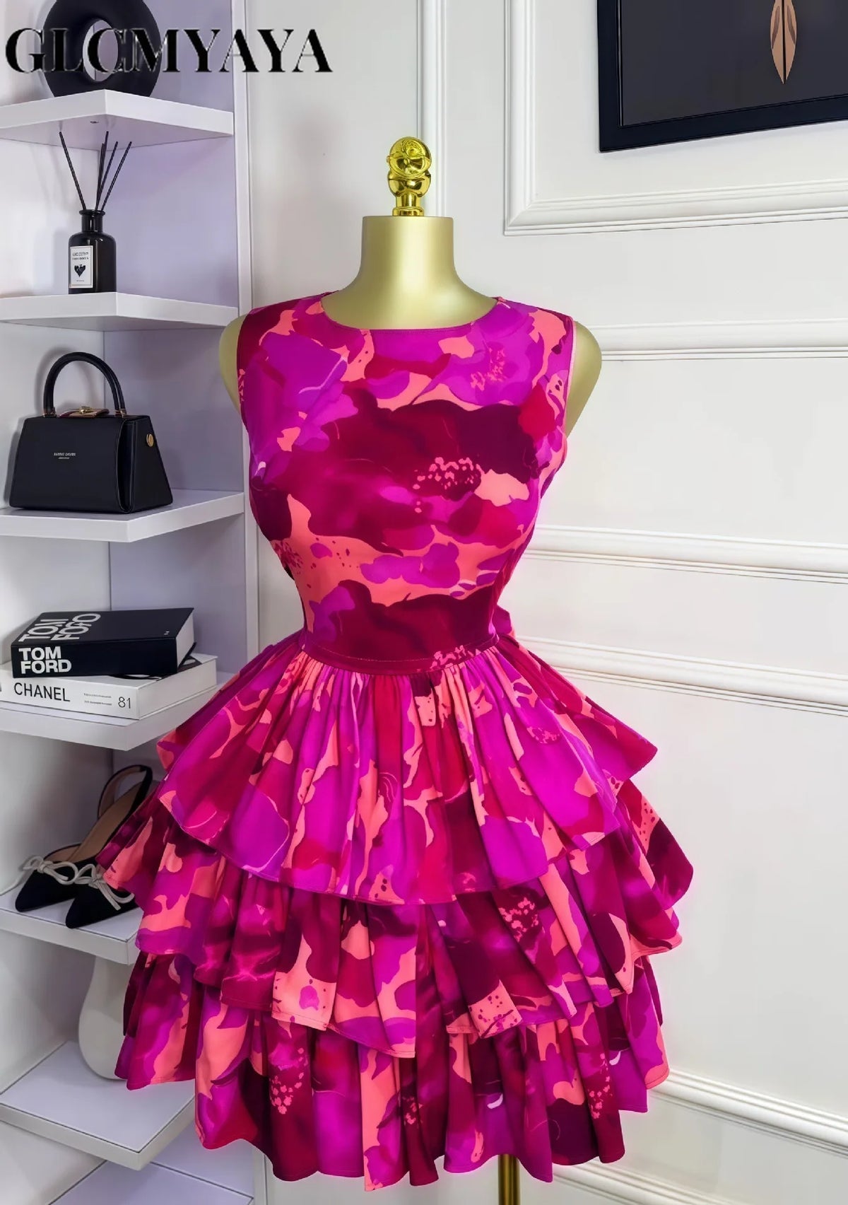GLCMYAYA Women Floral Printed Sleeveless Cascading Ruffles Big Swing Ball Gown Dress 2025 Beach Vacation Holiday Vestido Dresses