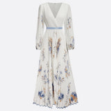 Elegant Long Sleeve Maxi Dress Women 2025 Summer Fashion Slim Floral Print V-neck Long Dresses Casual