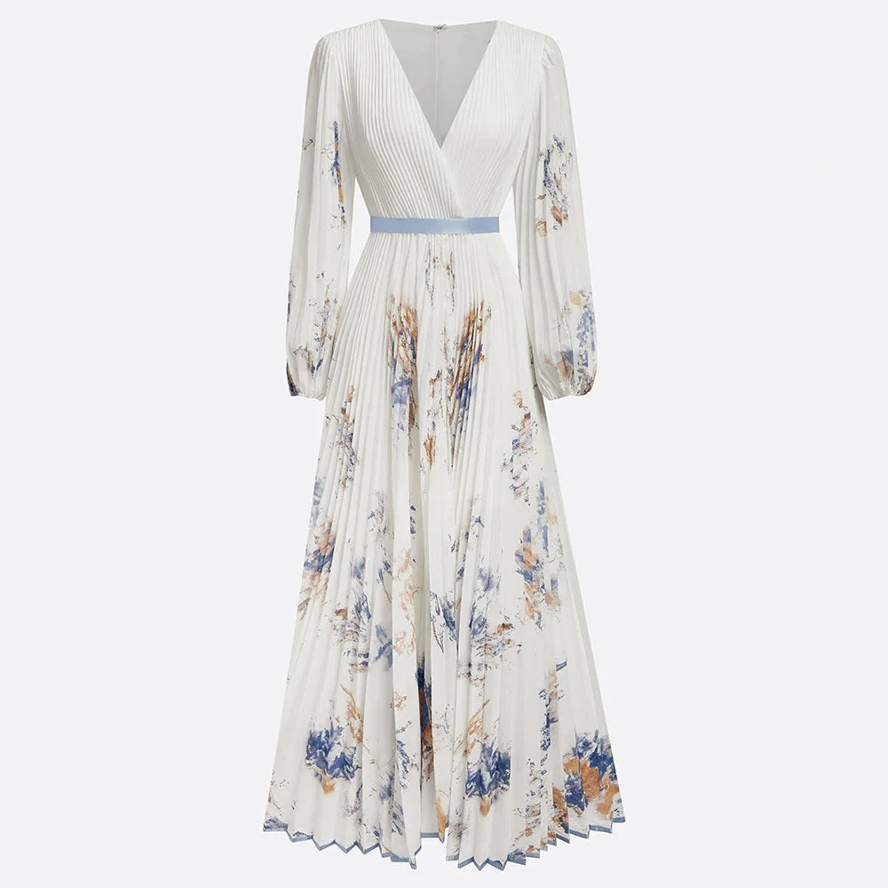 Elegant Long Sleeve Maxi Dress Women 2025 Summer Fashion Slim Floral Print V-neck Long Dresses Casual