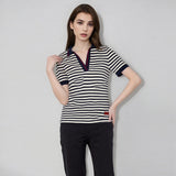 CHCH Women Stripe Tops Summer Embroidery Short Sleeve Casual Simple Classics Patchwork Knitted T-Shirt Office Ladies Tees