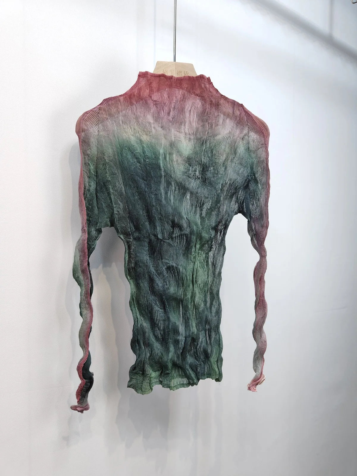 Miyake Pleated Printed Top 2025 Summer New High Neck Long Sleeve Bottoming T-shirt with High Collar