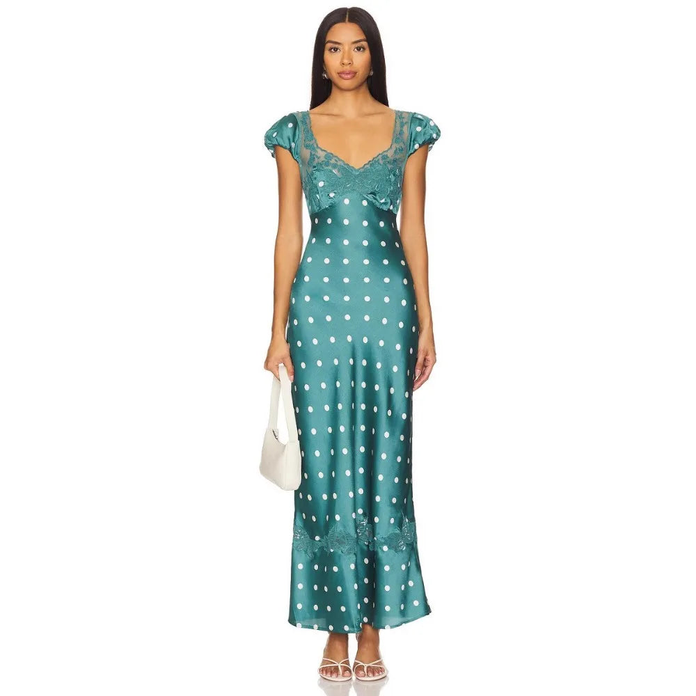 Fashionable Elegant Vintage Lace Patchwork Polka Dot Backless Maxi Dress For Women Luxurious Prom Dinner Party Wedding Guests