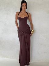 Sexy Back Lace Up Halter Neck Long Dress Women Backless Ruched Waist Draped Bodycon Dresses Party Evening Cocktail Vestidos