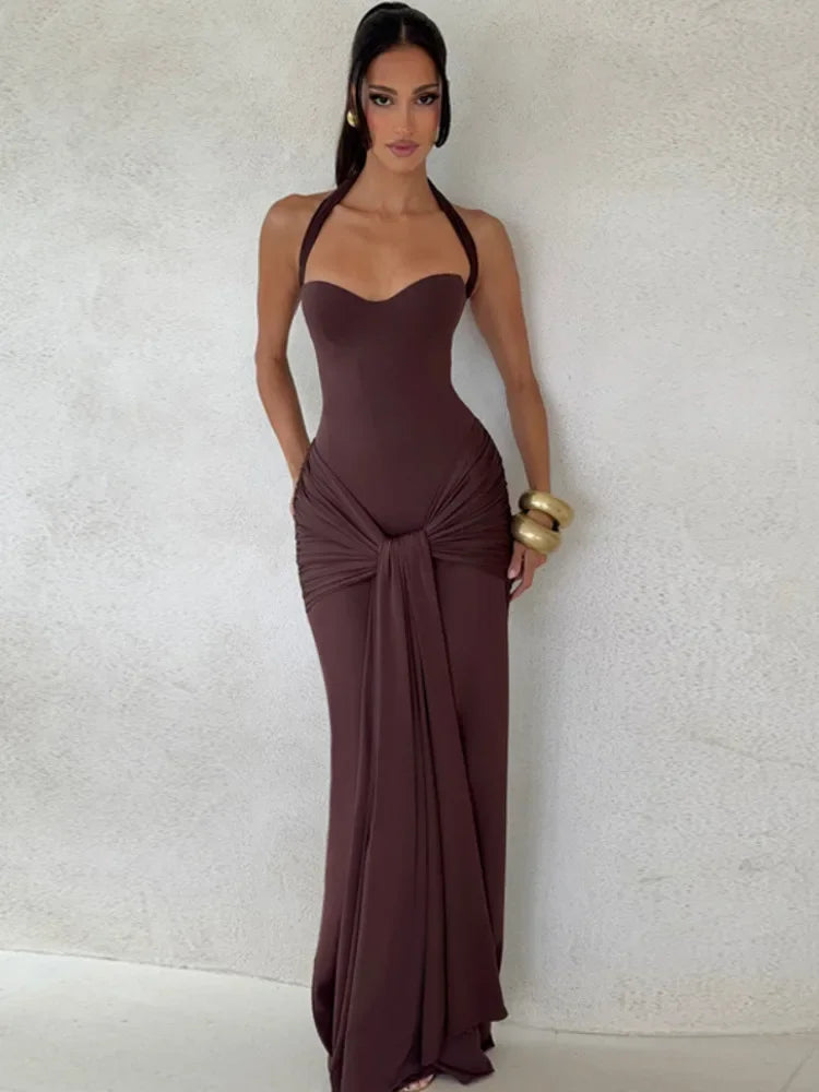 Sexy Back Lace Up Halter Neck Long Dress Women Backless Ruched Waist Draped Bodycon Dresses Party Evening Cocktail Vestidos