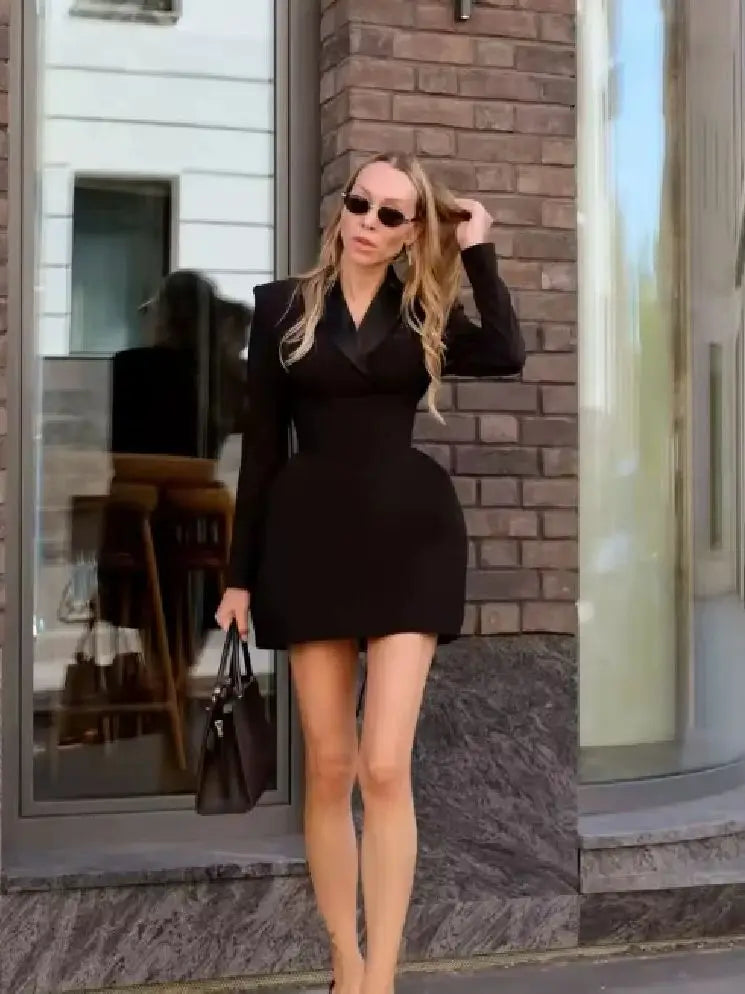 Women Black Cinched-waist Mini Dress Casual V-neck Elegant Shoulder Pads Long Sleeve Short vestido Lady Chic Party Street Gowns