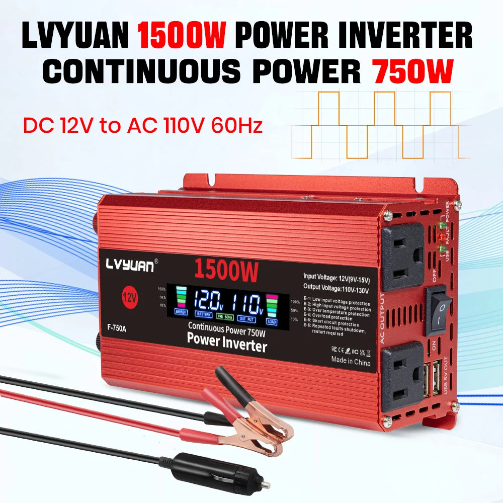 2600W 2000W 1500W Car Inverter 12V 110V Power Inversor Smart LCD Display Power Supply for Outdoor Camera/Phone/Drone Charging