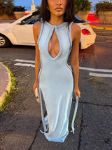 Halter Neck Knitted Women's Dress Braided Trim Cutout High Slit Solid Party Evening Maxi Dress For Women 2026 New Fashion
