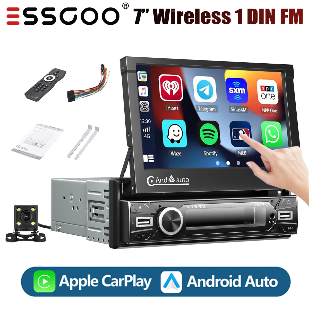 7" Single 1 DIN Flip Out Car Radio Stereo Apple Carplay & Android Auto HD Touch Screen MP5 Player Head Unit Bluetooth FM USB SWC