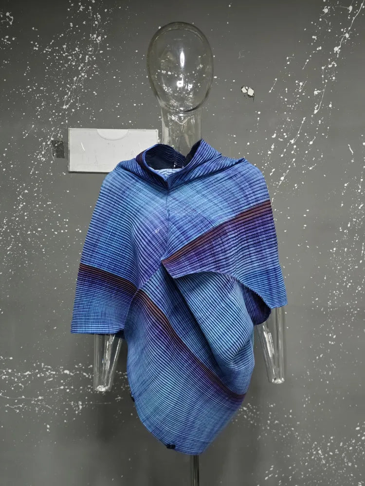 GVUW Pleated Color Block Irregular T Shirt Women Lapel Batwing Sleeve Loose Fashion Chic Style New 2025 Female Tops 17G9499