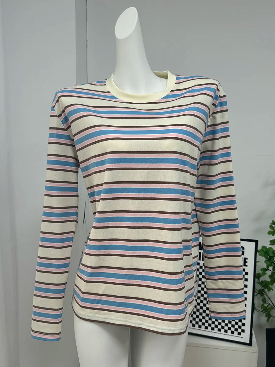 Hirsionsan Long Sleeve Striped T Shirt Women 2025 Spring autumn Oversized 100% Cotton Tshirts Female Casual Chic Tees Girls Tops