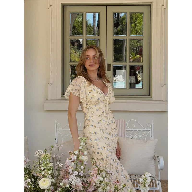 Women Elegant Printed Chiffon Maxi Dress Sexy V-neck Waist-cinching Short Sleeve Slim Gowns Chic 2026 Summer Lady Vacation Robes