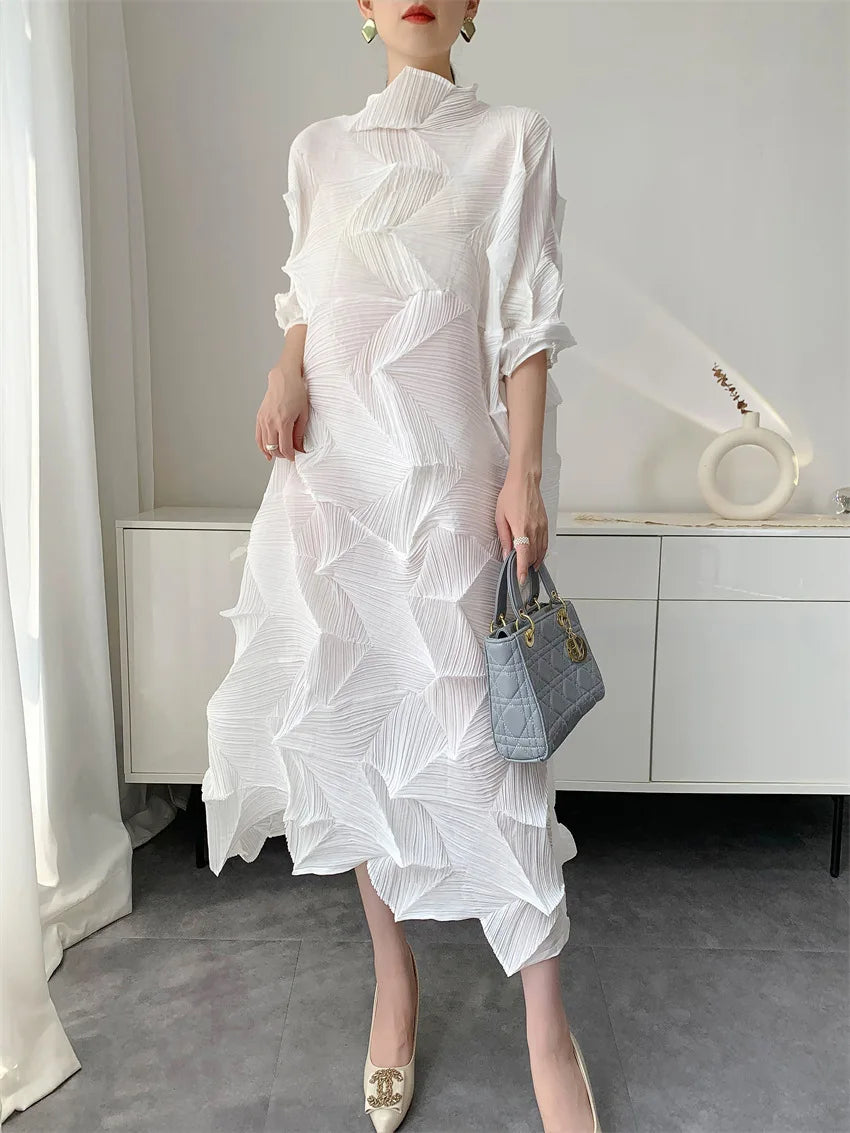 LANMREM Pleated Long Dress For Women Elastic Loose Irregular Pleated Stand Collar Pullover Famale Clothing Half Sleeve 2DB4256
