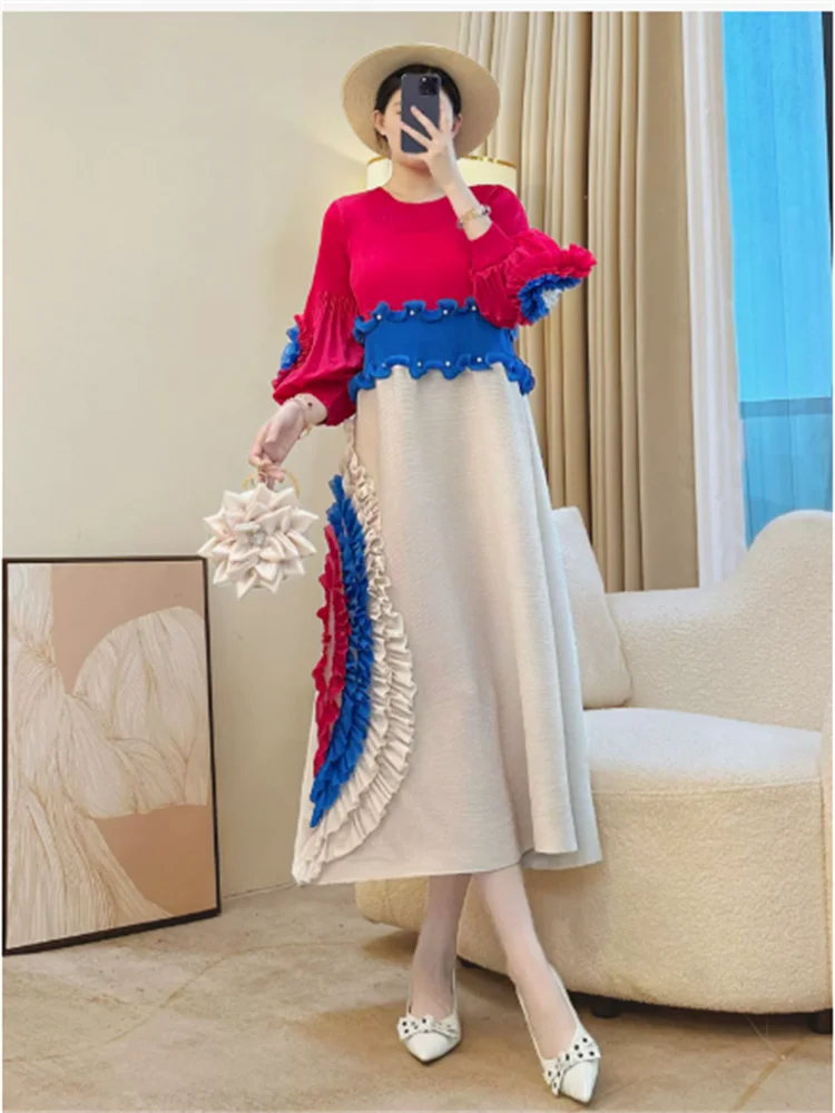 Miyake Tie Flower Design Women's Pleated Dress O-neck Long Sleeve Colorblock Patchwork Chic Beading Loose Famale Clothes