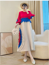 Miyake Tie Flower Design Women's Pleated Dress O-neck Long Sleeve Colorblock Patchwork Chic Beading Loose Famale Clothes