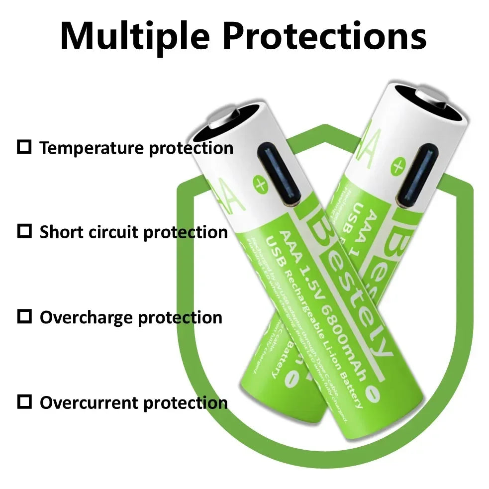 2025 Pro 1.5V AAA 6800mAh Rechargeable Battery, Type-C Fast Charging Li-ion Batteries, 2000 Cycles LED Indicator with Free Cable