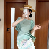 Pleated Top 2026 New Round Neck Short Sleeve Batwing T-Shirt Women Summer Lightweight Vacation Travel Women's Clothing