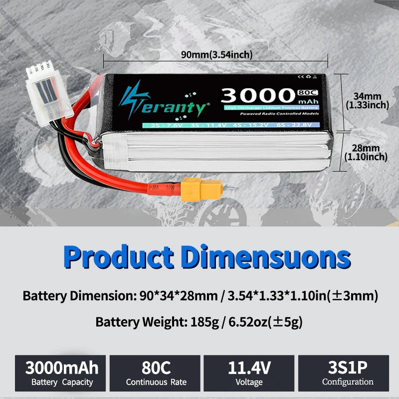 2Pcs TERANTY 3S 3000mAh 11.1V 11.4V 60C 80C Lipo Battery Softcase With T XT60 Plug for FPV Drone Trucks Boat Helicopter Airplane