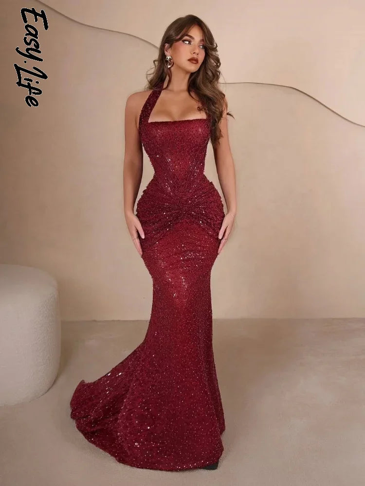 Elegant Sequin Halter Mermaid Gown Burgundy Waist Sleeveless Bodycon Floor Length Dress New Style Formal Party Maxi Outfits 2026